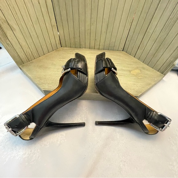 Michael Kors Black Leather Cut Out Heel Peep Toe Stiletto Heels w/Buckles 9 - Picture 8 of 9
